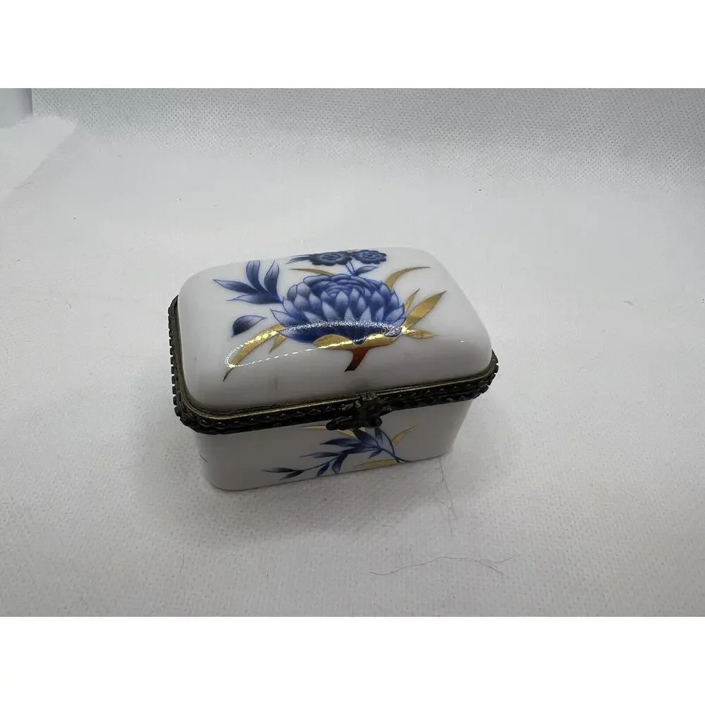 Porcelain Hand-painted Floral Trinket Box Hinged Lid Cottage Core 2.5” X 1.5”